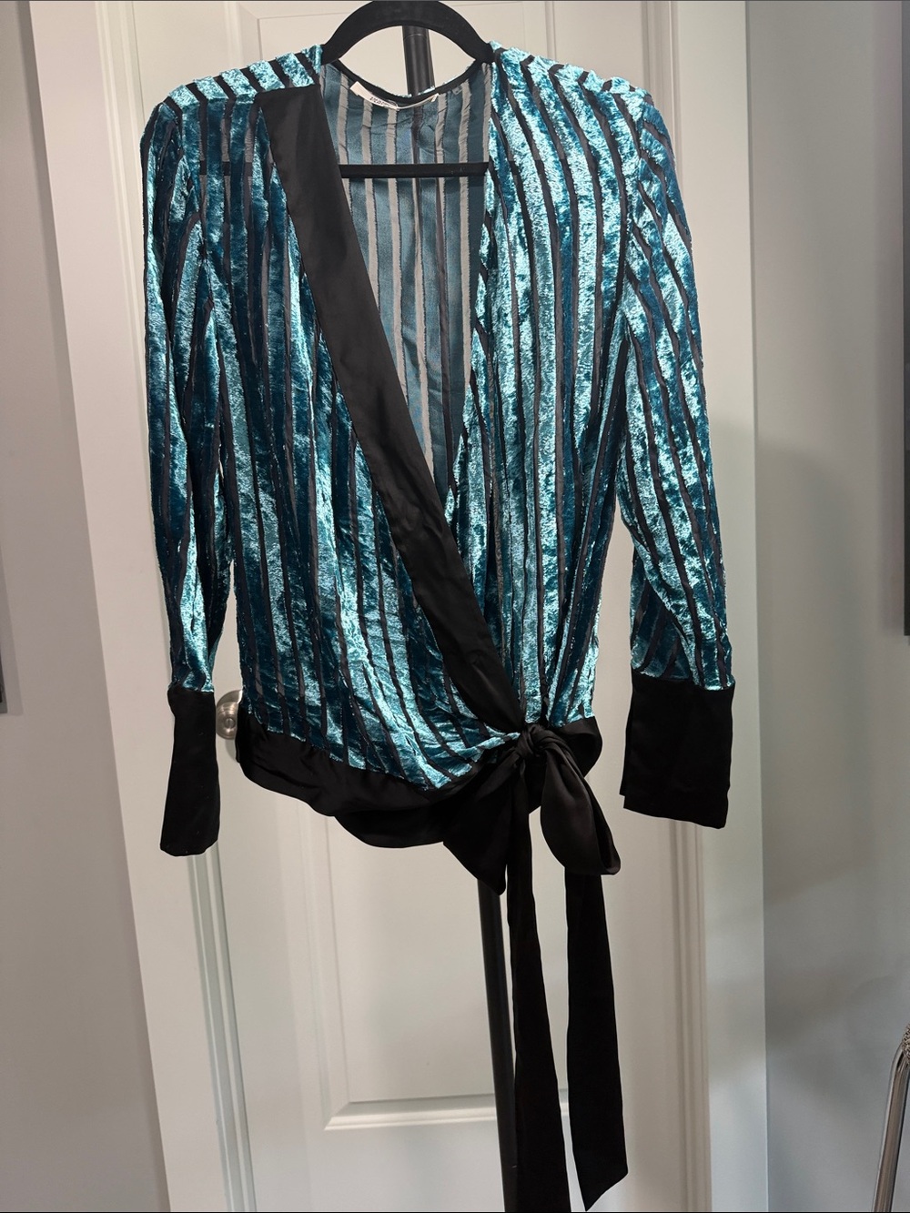 Diane Von Furstenberg Teal and Black Velvet Striped Wrap Blouse